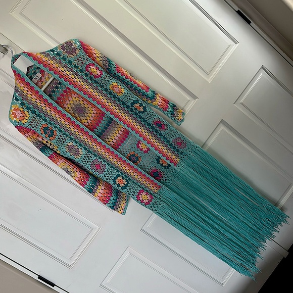N1 Los Angeles crochet sweater fringe duster blue - Picture 3 of 11
